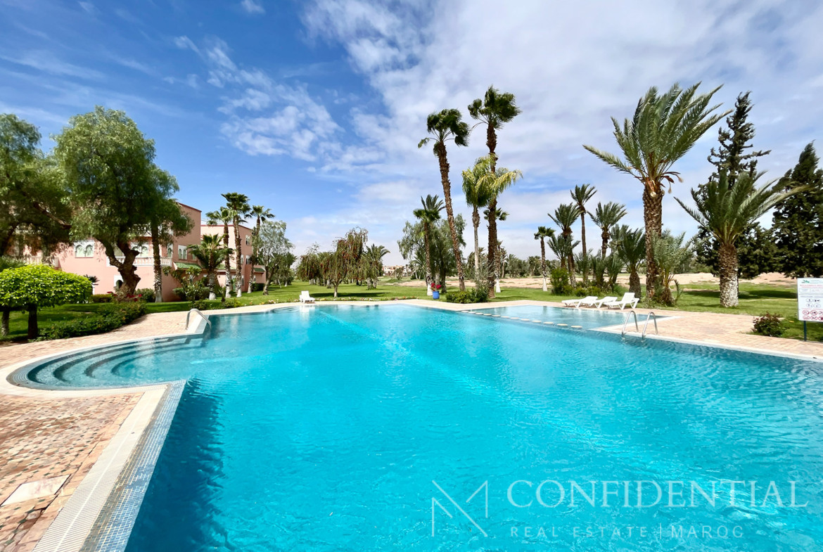 Location rez-de-jardin Marrakech Palmeraie, vue frontale golf sans vis-à-vis